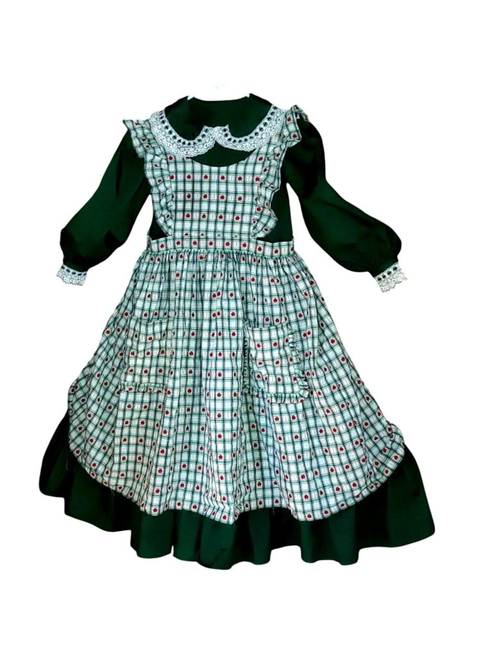 Dark Green Dress Lace Collar Plaid Cottage Colonial Pioneer Apple Pinafore Apron